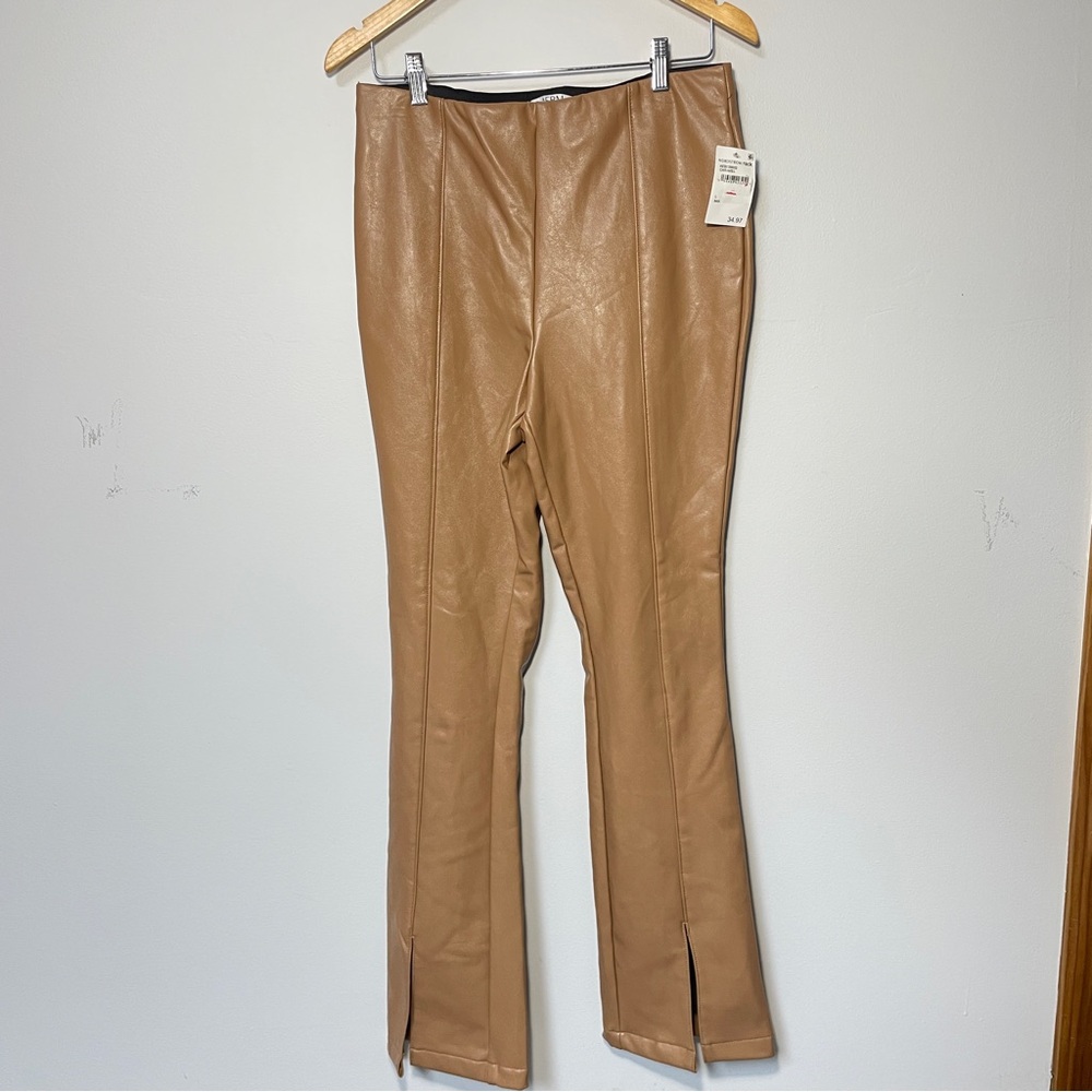 AFRM Los Angeles Tan Faux Leather Front Slit Flare Pants Women’s size large, NWT